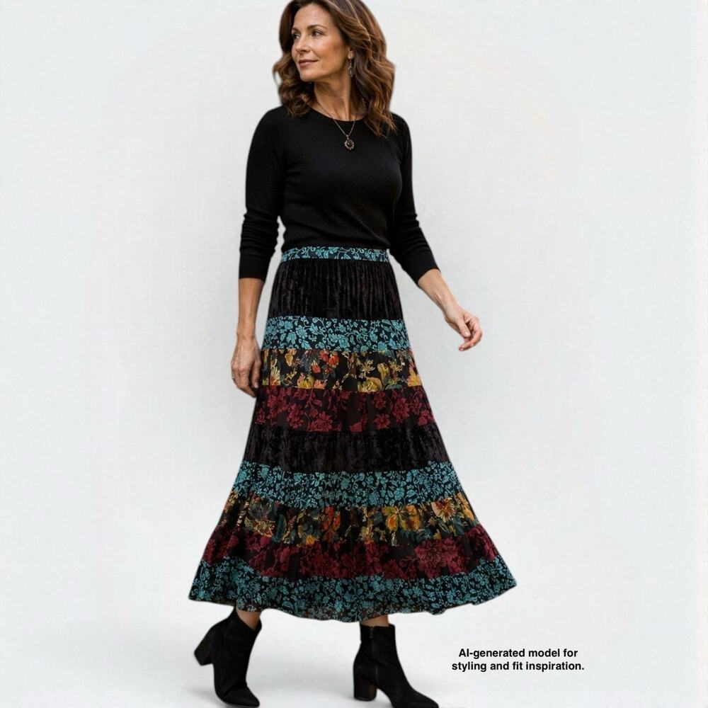 Coldwater Creek Vintage 90s Velvet Patchwork Maxi Skirt Size PM Boho Whimsigoth
